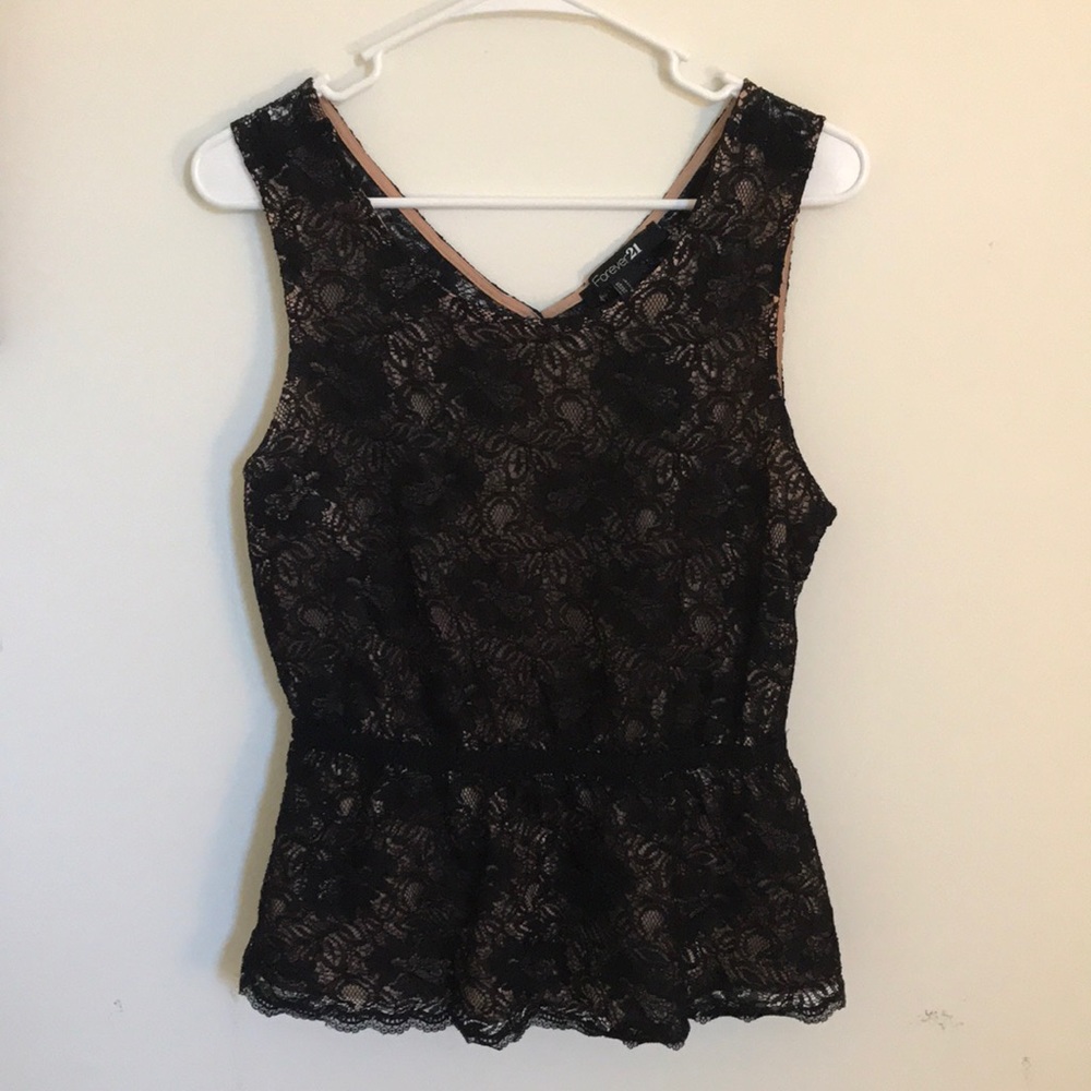 Black and Nude Lace Peplum Tank